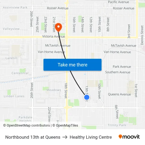 Northbound 13th at Queens to Healthy Living Centre map