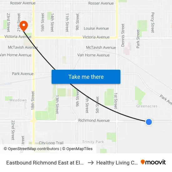 Eastbound Richmond East at Elderwood to Healthy Living Centre map