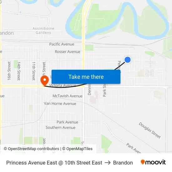 Princess Avenue East @ 10th Street East to Brandon map