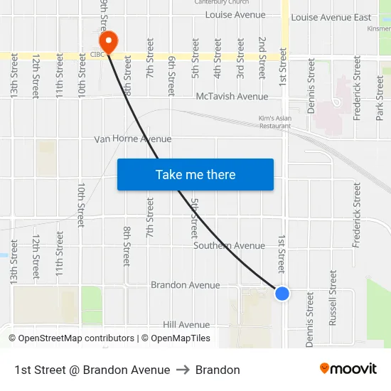 1st Street @ Brandon Avenue to Brandon map