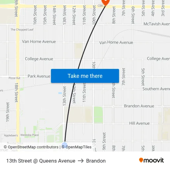 13th Street @ Queens Avenue to Brandon map