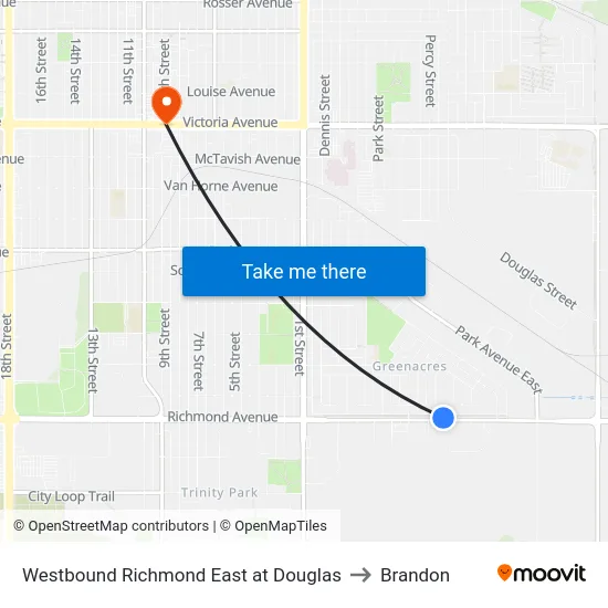 Westbound Richmond East at Douglas to Brandon map