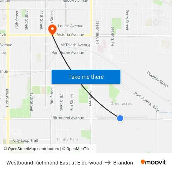 Westbound Richmond East at Elderwood to Brandon map