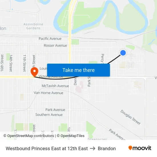 Westbound Princess East at 12th East to Brandon map