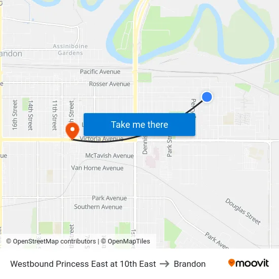 Westbound Princess East at 10th East to Brandon map