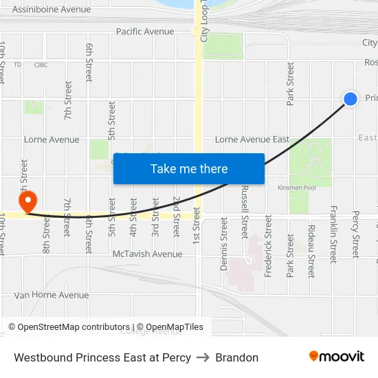 Westbound Princess East at Percy to Brandon map