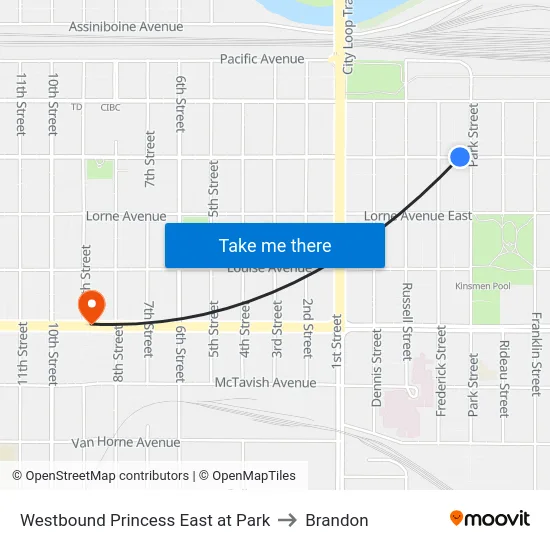 Westbound Princess East at Park to Brandon map