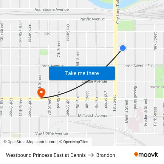 Westbound Princess East at Dennis to Brandon map