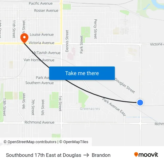 Southbound 17th East at Douglas to Brandon map