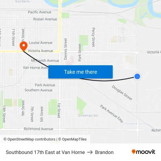 Southbound 17th East at Van Horne to Brandon map