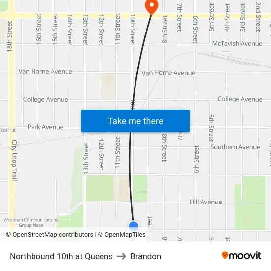 Northbound 10th at Queens to Brandon map