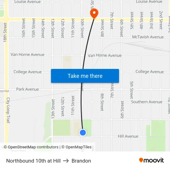 Northbound 10th at Hill to Brandon map