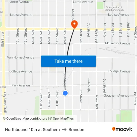Northbound 10th at Southern to Brandon map