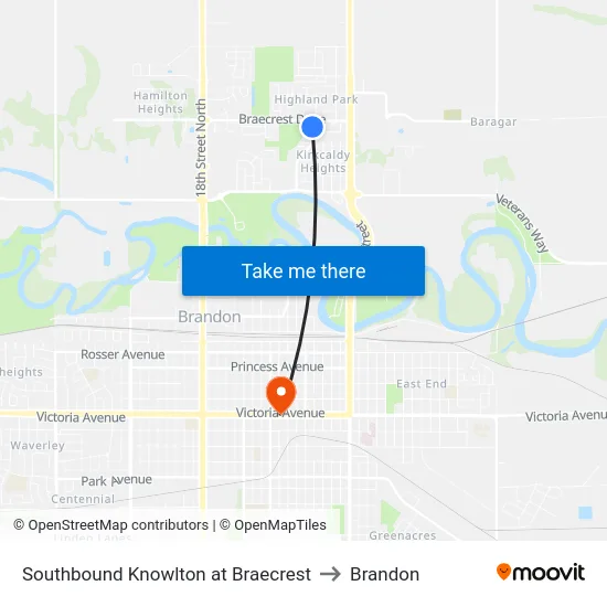 Southbound Knowlton at Braecrest to Brandon map