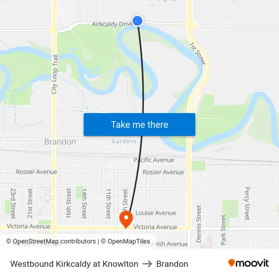 Westbound Kirkcaldy at Knowlton to Brandon map