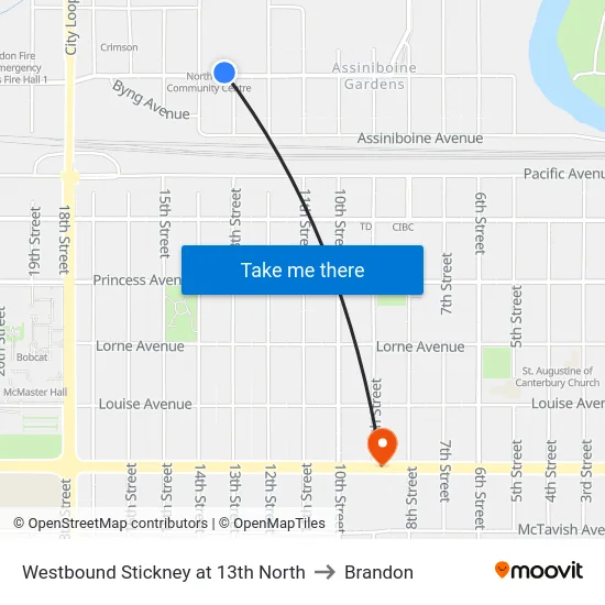 Westbound Stickney at 13th North to Brandon map