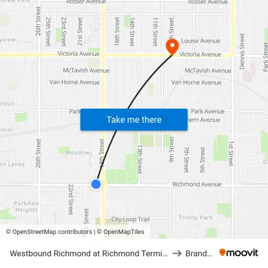 Westbound Richmond at Richmond Terminal to Brandon map