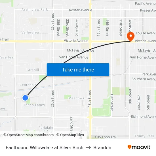 Eastbound Willowdale at Silver Birch to Brandon map