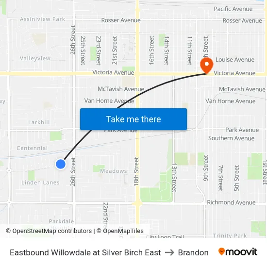 Eastbound Willowdale at Silver Birch East to Brandon map