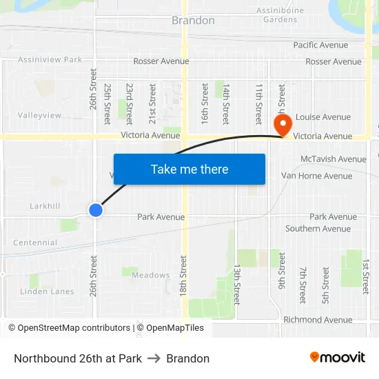 Northbound 26th at Park to Brandon map