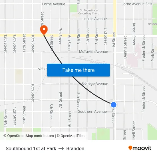 Southbound 1st at Park to Brandon map