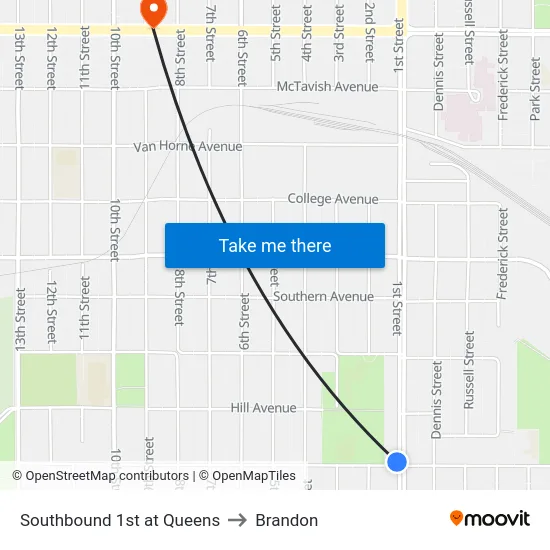 Southbound 1st at Queens to Brandon map