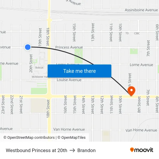 Westbound Princess at 20th to Brandon map