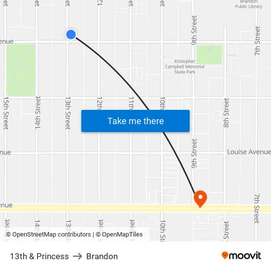 13th & Princess to Brandon map