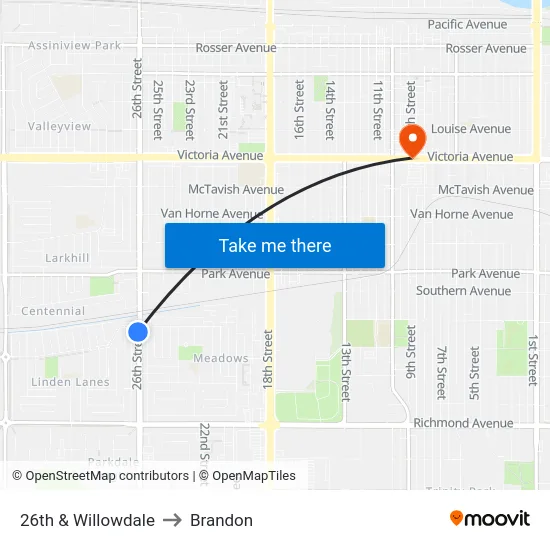 26th & Willowdale to Brandon map