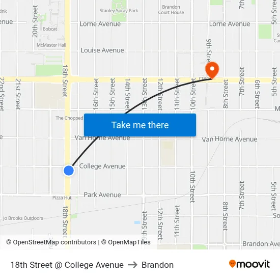18th Street @ College Avenue to Brandon map