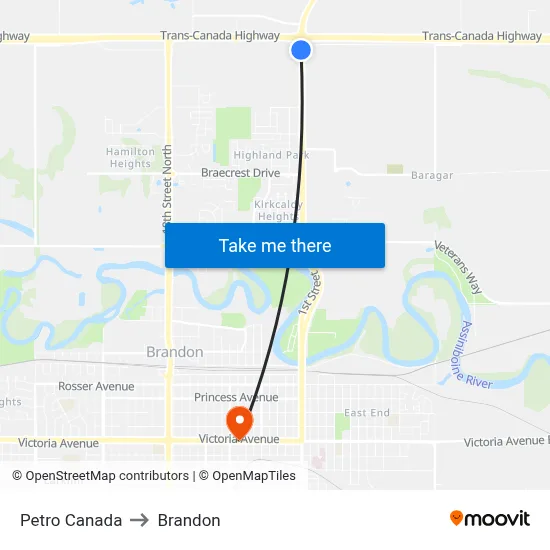 Petro Canada to Brandon map