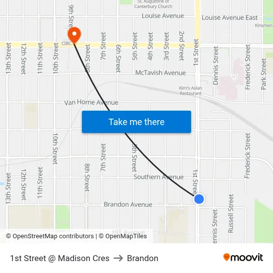 1st Street @ Madison Cres to Brandon map