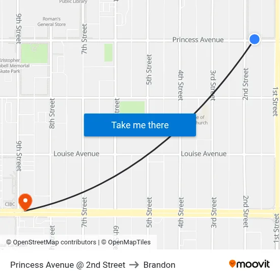 Princess Avenue @ 2nd Street to Brandon map