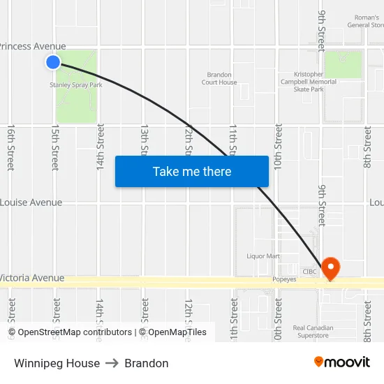 Winnipeg House to Brandon map