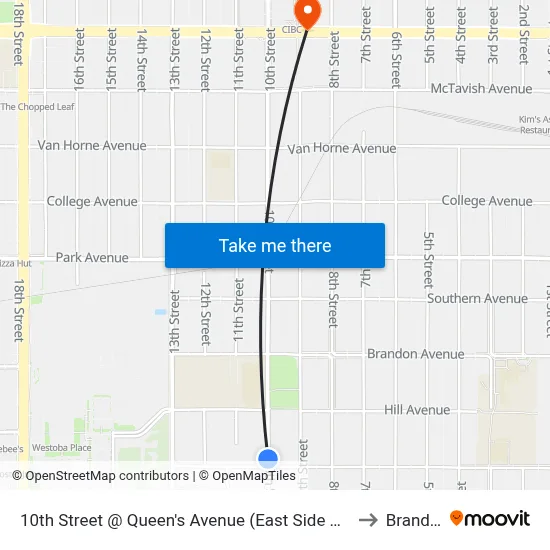 10th Street @ Queen's Avenue (East Side Of 10th) to Brandon map