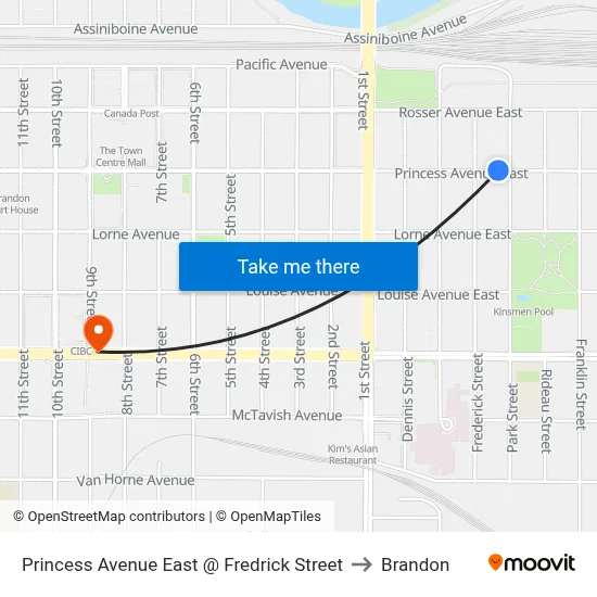 Princess Avenue East @ Fredrick Street to Brandon map