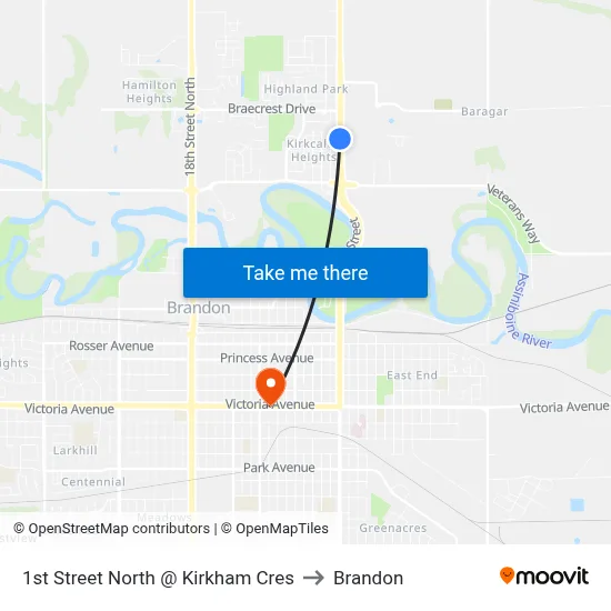 1st Street North @ Kirkham Cres to Brandon map