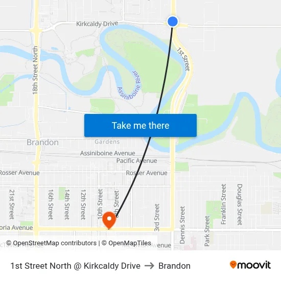 1st Street North @ Kirkcaldy Drive to Brandon map