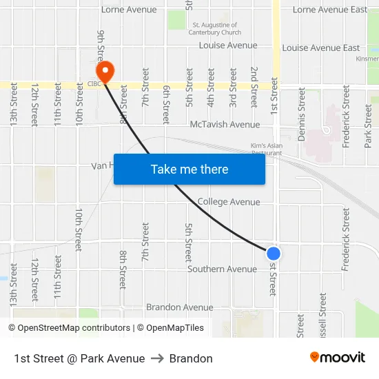 1st Street @ Park Avenue to Brandon map