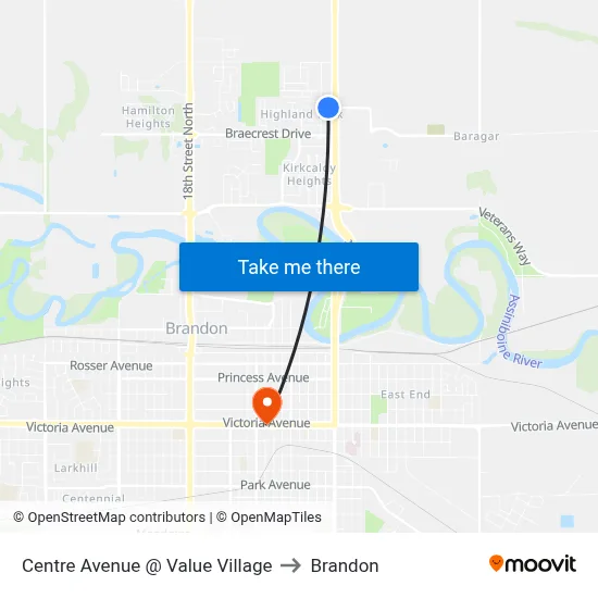 Centre Avenue @ Value Village to Brandon map