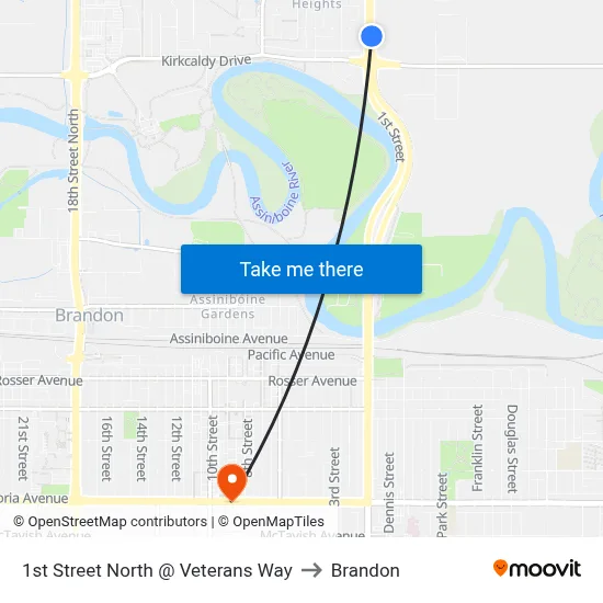 1st Street North @ Veterans Way to Brandon map
