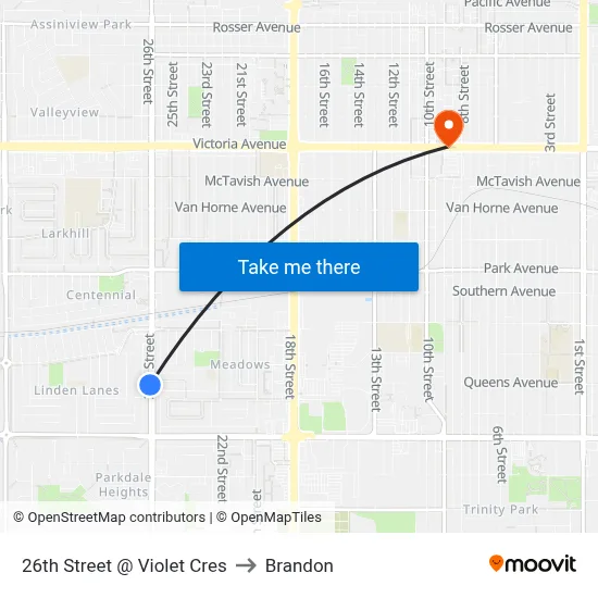 26th Street @ Violet Cres to Brandon map