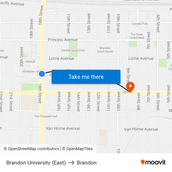Brandon University (East) to Brandon map