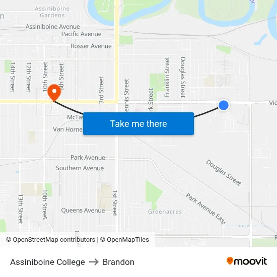 Assiniboine College to Brandon map