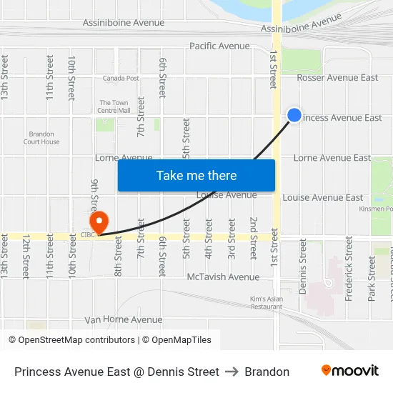 Princess Avenue East @ Dennis Street to Brandon map