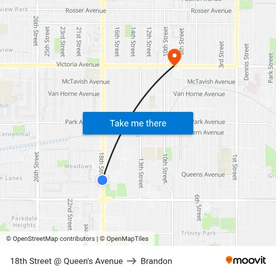 18th Street @ Queen's Avenue to Brandon map