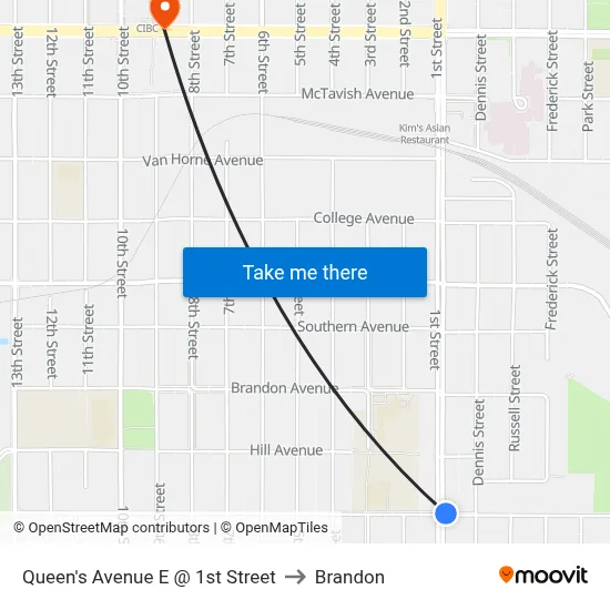 Queen's Avenue E @ 1st Street to Brandon map