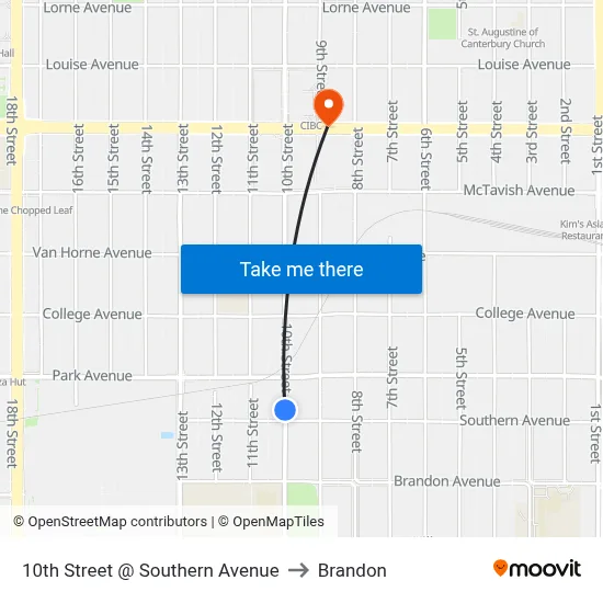 10th Street @ Southern Avenue to Brandon map