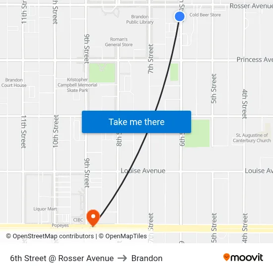 6th Street @ Rosser Avenue to Brandon map