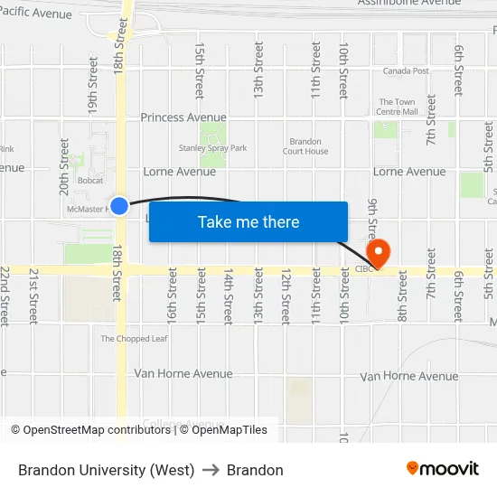 Brandon University (West) to Brandon map
